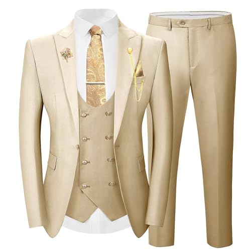 Wangyue 3 Pieces Suits for Mens Slim Fit Gold Button Double Breasted Suit Men Tuxedos Wedding Suits Set Mens White Suit
