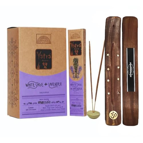 Aromasenses.- Incienso Yatra Parimal Salvia Blanca + Lavanda - Caja Completa con 12 cajetillas de 15 Gramos + 1 Tablilla Aromasenses - Incienso Masala Hecho a Mano (Salvia Blanca + Lavanda)