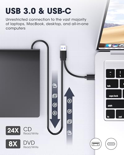Image of ROOFULL External CD DVD Drive with Extra Power Cable for Laptop, Ultra Slim USB 3.0 Type-C Portable CD DVD Optical Disc Drive Reader Writer Burner Player for PC MacBook Windows 11 /10 /7 Mac Linux OS