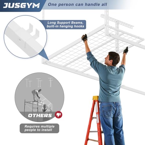 Image of Jusgym 4X8FT Overhead Garage Storage Rack, 26 inch-40 inch Height Adjustable Garage Ceiling Storage Racks, Heavy Duty Metal Overhead Storage Organizer System, 750LBS Weight Capacity, White