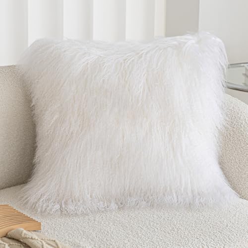 ROSE FEATHER Real 100% Tibetan Mongolian Lamb Sheepskin Wool Fur Throw Pillow Covers White 24x24 Inch, Super Soft Plush Leather Accent Pillowcase Decorative Cushion Cover for Living Room Bedroom by ROSE FEATHER - Used condition - US$57.96