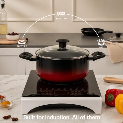 Image of Kreme Aura Granite Non Stick 8 Pcs Cookware Set | Aluminum Casserole Set with Glass Lid | 2.5 LTR + 3.5 LTR + 4.5 LTR | Uses Less Oil | Induction Base Gas Compatible | Biryani Pot | PFOA-Free, Red