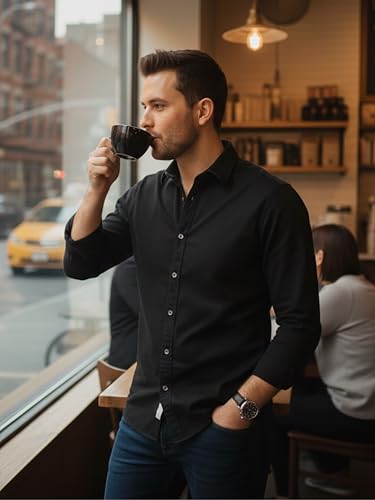 Image of VastraVibes Men's Solid Casual Shirt - Full Sleeve Slim Fit Cotton Blend Button-Down Shirt for Office, Party, Formal