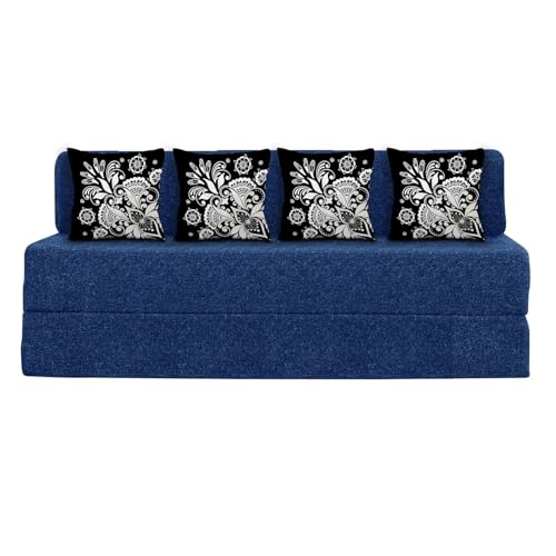 Image of Rosebell Three Seater Sofa Cum Bed | Jute Fabric Washable Cover | with Cushion Perfect for Guest | Blue-Color | 6' X 6' Feet