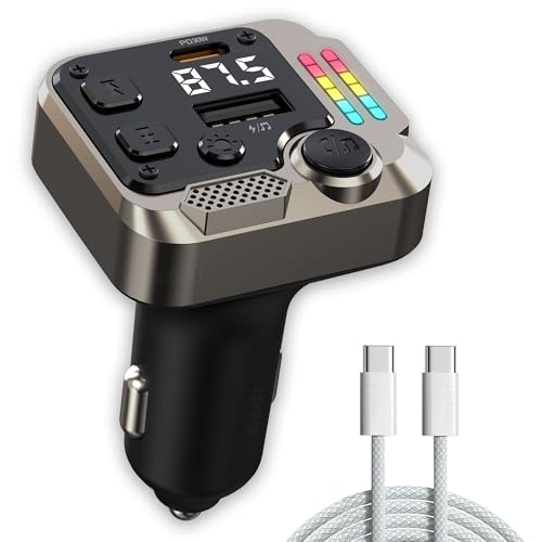 CRUST CS60 Car Bluetooth Receiver Device for Music System, FM Transmitter, Big Mic for Hands-Free Calling, 45W PD/USB Fast Car Charger, BT v5.3, Music-Sync Lights, USB MP3 Playback, Metal Rim Design