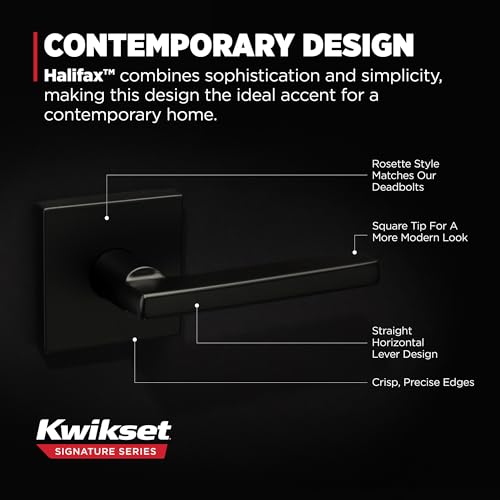 Kwikset-Halifax-Interior-Passage-Door-Handle-Lever-For-Closet-and-Hallway-Doors-Reversible-Non-Locking-Handle-Lever-Matte-Black-with-Microban-Protection-Square-Rose