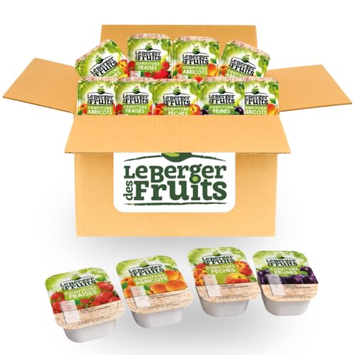 LE BERGER DES FRUITS | 60 barquettes de confitures assorties : Prune, Pêche, Abricot et Fraise | Portions individuelles de 20 grammes, idéal pour la...