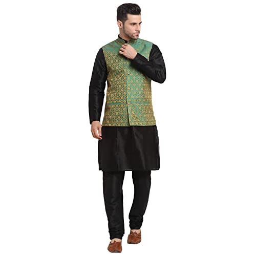 Image of KRAFT INDIA Mens Gold Silk Blend Kurta and Churidar Set With Jacquard Paisley Nehru Jacket