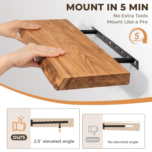 Image of Live Edge Elm Floating Shelves - 24 In Rustic Solid Wood Shelves with Heavy-Duty Invisible Bracket, Wall-Mounted Wooden Shelf for Living Room, Bathroom, Kitchen Storage & Display, Set of 2, Natural