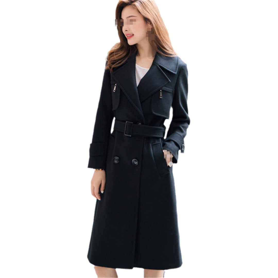 Alloaone Chaqueta de lana con cinturón de solapa para mujer, abrigo de lana de manga larga gruesa de doble botonadura, Negro, M