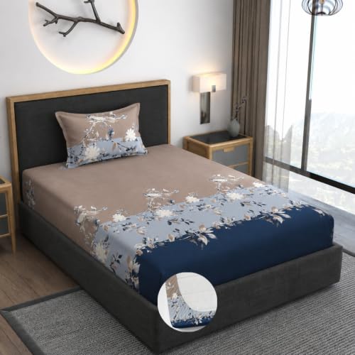 Image of Vaini Premium Heavy Cotton Elastic Fitted Bedsheets with 1 King Size Pillow Covers || Single Bed with All Around Elastic 350 TC || 36 x 78 x 6 Inch Single Size Fitted || :- Blue Tricolor