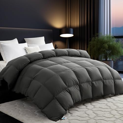 Image of L LOVSOUL Organic 75% Goose Down Fiber Comforter Oversize Queen, Grey | All Season, 850+FP,1200TC,Extra Fluffy,Hotel-Luxury Ultra Soft Duvet Insert with 8 Corner Tabs,98X98IN