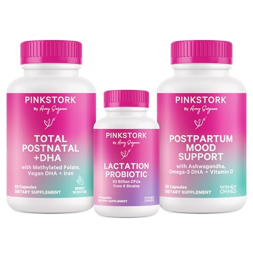 Image of Pink Stork New Mom Necessities Bundle: Postnatal Vitamin with DHA and Folic Acid, Lactation Probiotic for Breast Milk Supply + Immune Support, Postpartum Mood + Hormone Support, Postpartum Essentials
