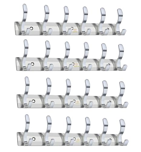 Image of Heavy Duty S Type Stainless Steel Cloth Hanger Suitable for Bathroom Bedroom Kitchen Wall Hook Rail Hanging Scarf Coat Keys Tie Towel Door Robe (Pack of 4, 6 Pin Silver)