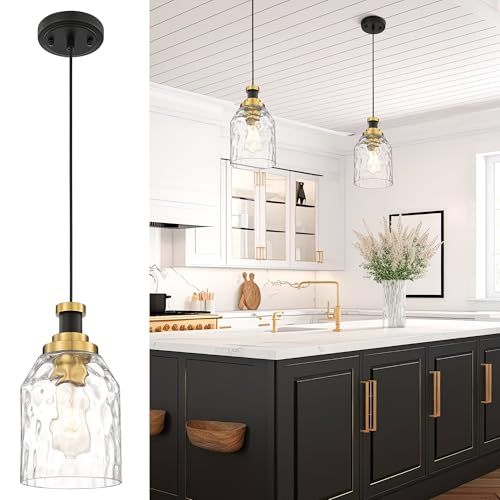 Image of zeyu Large Pendant Lights Kitchen Island, Modern Hanging Lamp for Bedroom Living Room, Water Ripple Glass Shade, Black and Gold Finish, ZG33M1L-L BK+BG-WG