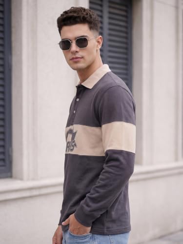 Image of Veirdo Men's Loopknit Cotton Oversized Baggy Fit | Full Sleeve Polo T-Shirt | Casual Streetwear with Ribbed Cuffs Travel | Sizes: S to XXL