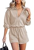 Fixmatti Women Long Sleeve Rompers V Neck Zip up Drawstring Waist Lounge Wear Jumpsuit with Pockets Apricot M