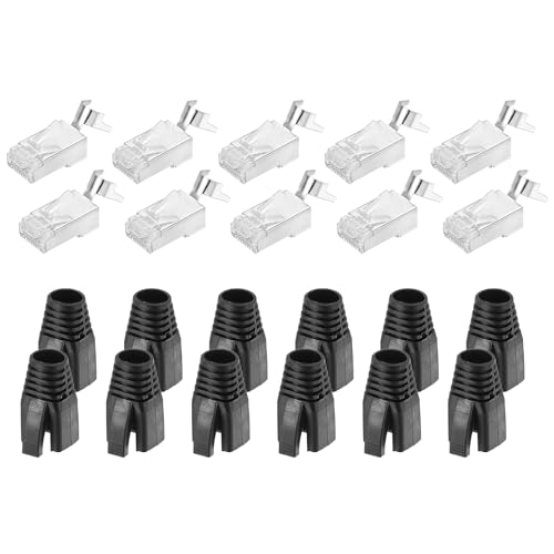 sourcing map 10 conectores de paso CAT7 RJ45, conectores RJ45 STP/FTP 8P8C chapados en oro con 10 botas negras de alivio de tensión y cable transversal para cable Ethernet de 23 AWG