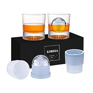Whiskey Rocks Glass, Set of 4 (2 Crystal Bourbon Glasses, 2 Big Ice Ball Molds) In Gift Box – 10 Oz Old Fashioned Glasses for Scotch Cocktail Rum Cognac Vodka Liquor Brandy, Unique Gifts for Men