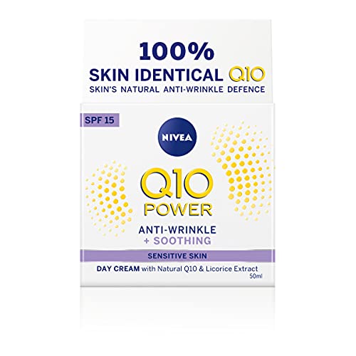 NIVEA Q10 Power Sensitive Day Cream (50ml), potente crema facial Q10 para mujer, crema facial sin fragancias para piel sensible, con coenzima Q10 y SPF 15