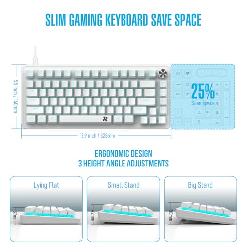 ROCK POW 70% Gaming Keyboard,Arabic English 82 Keys Mechanical Keyboard with Ice Blue Backlit 19 Modes, Volume Lighting Knob Wired Mini PBT Keycaps for PC Gaming and Working (Red Switch) White