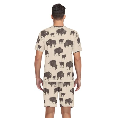 Mens Short Sleeve Pajama Set Vintage Bison Pattern Print 2-piece Lounge Sleep Sets Men's Sleepwear S-XXL 5