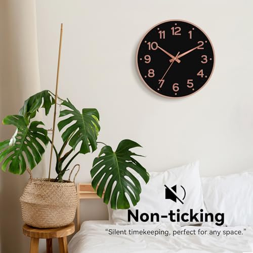 Image of Roymnie Wall Clock, Silent Wall Clocks Battery Operated 8 Inch-Modern Non Ticking Analog Clock Decorative for Kitchen Office Bathroom Bedroom(Black Rose Gold)