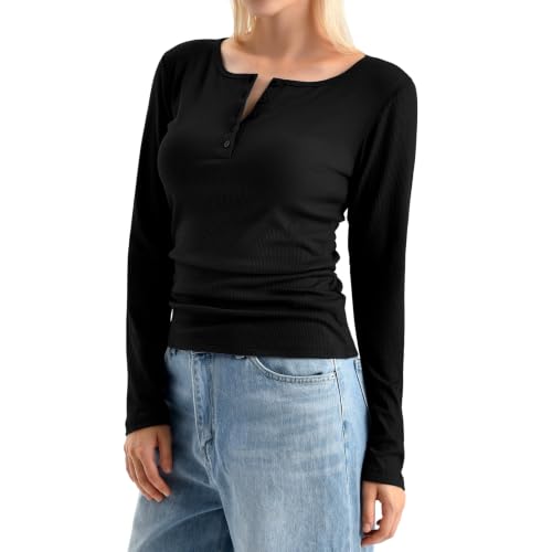 Walifrey Women's Long Sleeve Henley Shirts Ribbed Knit - image 2