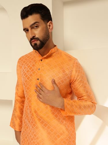 Image of SOJANYA (Since 1958 Men's Jacquard Silk Woven Motifs Kurta With White Pyjama