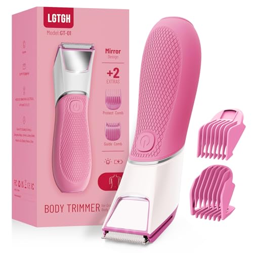 Image of Rechargeable Bikini Trimmer for Women: Pubic Hair Razor with Mirror & LED Light - IPX7 Waterproof Electric Shaver, Travel Lock & Ceramic Blades for Legs Underarm - Light Rose