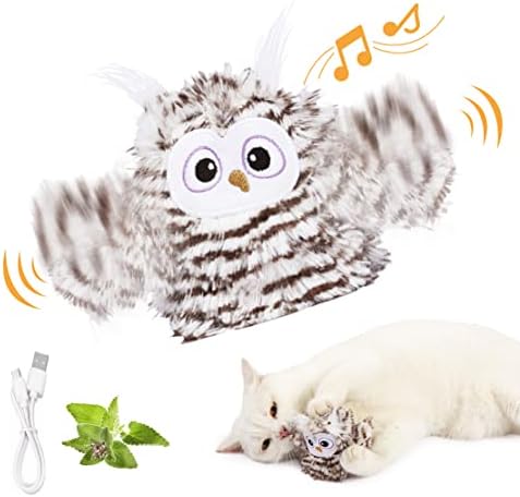 Kimee Interactive Cat Toy Rechargeable Automatic Chirping Owl Cat Toy with Catnip, Auto Beating Wings Flying Bird Cat Toys for Indoor Cats to Play Alone, Never Boredom