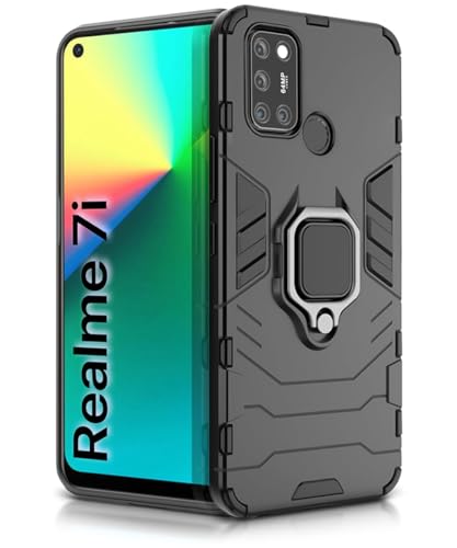 Image of WOW IMAGINE Shock Proof Back Case Mobile Cover for Realme 7i | Back Cover Case (Tough Armor | Hybrid PC + TPU | Ring Holder & in-Built Kickstand | Black)