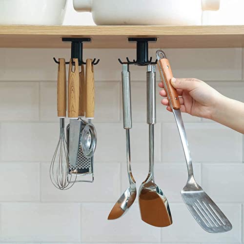 Lakkoa 2Pcs Under Cabinet Kitchen Utensil Hooks,360° Rotating Kitchen Utensil Rack,Drilling Free Adhesive Kitchen Utensils Hanging Rack For Kitchen Utensils/Tools/Towel/Knife(Black) #TOP19