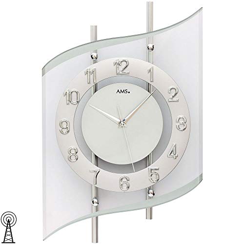 AMS 5506 Wanduhr Funk Funkwanduhr Analog Silbern Modern geschwungen mit Glas
