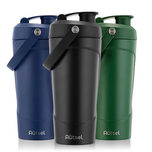 Autsel Protein Shaker - 750ml Stainless Steel Shaker Bottle for Fast Clump-Free Mixing | Insulated Metal Protein Shaker Cup with MixBall and Handle Leak-Proof & BPA Free Black