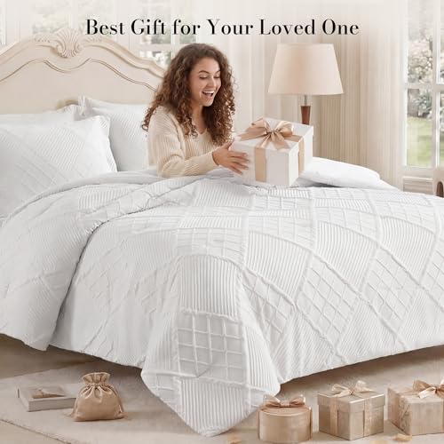 King Comforter Set, 3 Piece White Jacquard Bedding Set with 2 Pillow Cases - image 5