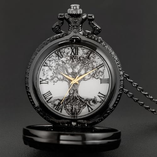 Image of Tiong Pocket Watch Hollow Tree of Life Design Roman Numerals Engraved Bible Verse Quartz Pocket Watch with Chain Custom Pocket Watch Birthday Gifts