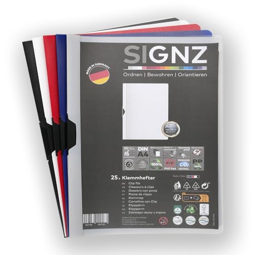 SIGNZ Lot de 25 classeurs à pince DIN A4, 5 x 5 couleurs, pour jusqu'à 30 feuilles, fabriqué en Allemagne SIGNZ Lot de 25 classeurs à pince DIN A4, 5 x 5 couleurs, pour jusqu'à 30 feuilles, fabriqué en Allemagne