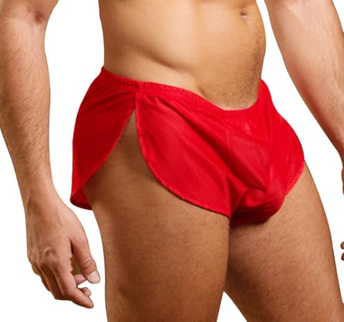 Muscle Alive Herren Extrem Mesh Kurze Hose mit Groß Teilt Seiten Unterwäsche Boxershorts Slip Unterhosen Rot M