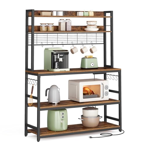 Image of VASAGLE Bakers Rack with Power Outlet, Microwave Stand, Kitchen Tall Utility Storage Shelf, with Metal Wire Panel, 14 Hooks, 15.7 x 39.4 x 66.9 Inches, Rustic Brown and Ink Black UKKS038B01