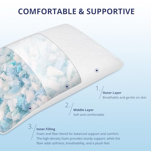 Shredded Memory Foam Pillows, Bed Pillows for Sleeping, Medium Firm Pillows Standard/Queen Size Pillow for Side Back Stomach Sleepers, Neck Support Pillow with Washable Removable Cover (1 Pack) - Thumbnail 3