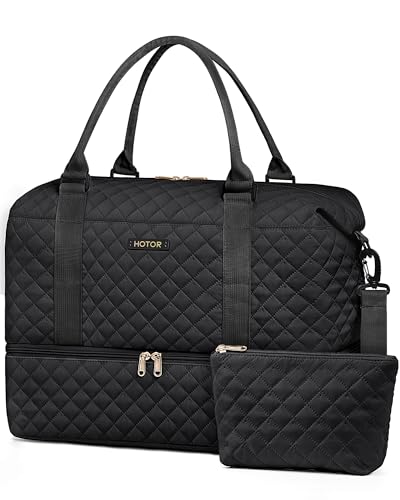 HOTOR Travel Duffel Bag - Weekender Bags for Women, Carry On Overnight Bag with Shoe Compartment, with Toiletry Bag for Travel Essentials and Travel Accessories, Black, 13.4