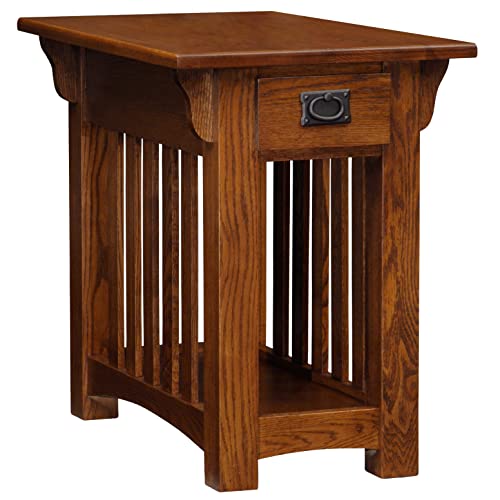 Leick Home Mission Impeccable End Table, Solid Wood Side Table with Drawer & Shelf, Slatted Sides, Blackened Hardware, Easy Assembly, Medium Oak Finish, 17 in L x 25 in W x 23 in H, 8206