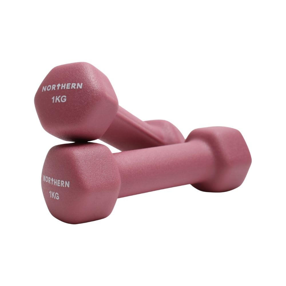 Northern Dusk Pink Neoprene Hex Dumbbells Pair, 1kg–8kg Hand Weights for Home Gym Strength Training, Non-Slip Hexagonal Dumbbells for Fitness, Aerobics, Yoga & Toning (1kg x 2)