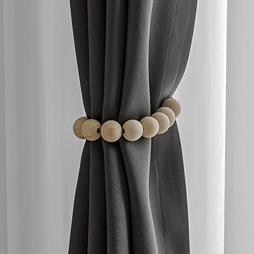 カーテンタッセル カーテン留め飾り ウッドビーズ ナチュラル ロープタイプ 取り付け簡 カーテンクリップ 房掛け お洒落 2個セット [5]