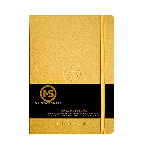 A5 Index Notebook Hardback Leatherette Cover 8mm Ruled Margin A-Z Tabs 208 Pages 100 GSM White Paper - Ochre Cover