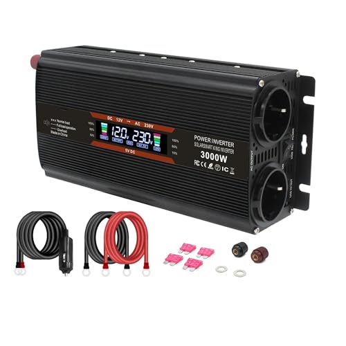 Power Inverter Inversor CC 12V 24V A 220V 3000W Convertidor Voltaje para 50Hz/60Hz Pantalla LCD 5 A USB Doble Enchufe UE para Exterior Onda Sinusoidal Modificada. Convertidor(12V,3kW Black 60Hz EU)