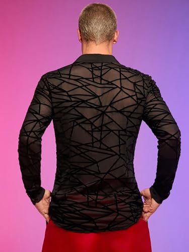 WDIRARA Men's See Through Mesh Shirt Collared Long Sleeve Textured Shirt Tops2