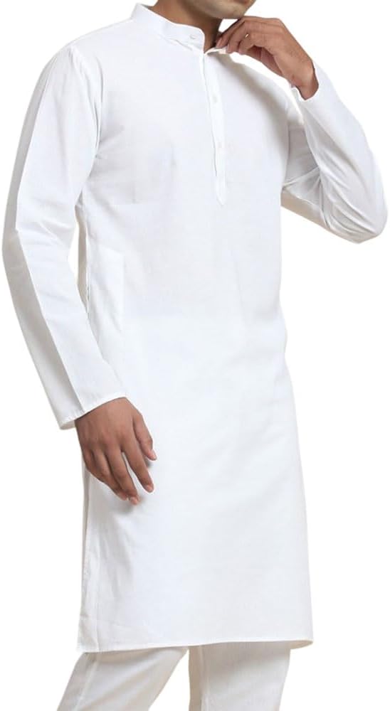 Men's Cotton Traditional Solid Straight Kurta Regular Long Sleeve, Knee Length Mandarin Collar Plain Kurta