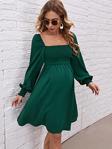 Wdirara Women's Maternity Square Neck Lantern Sleeve Smocked A Line Flare Mini Dress Dark Green M #TOP3